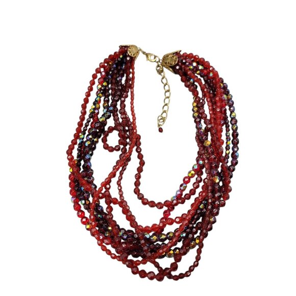 Vtg Red Multi-Strand Necklace Torsade Choker Small Beaded Simulated Crystals 20" - Picture 7 of 8